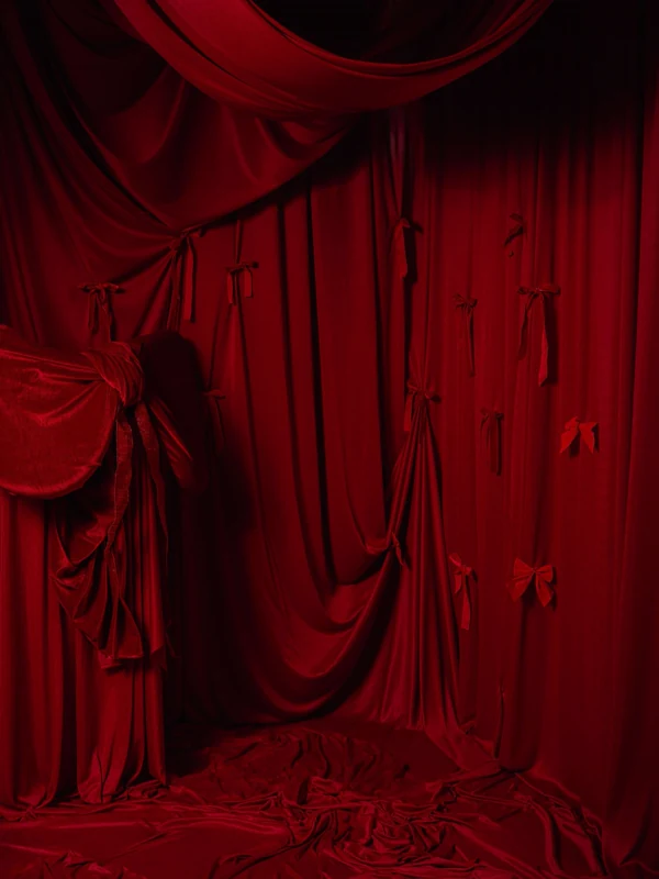 A deep red velvet backdrop hung in the studio